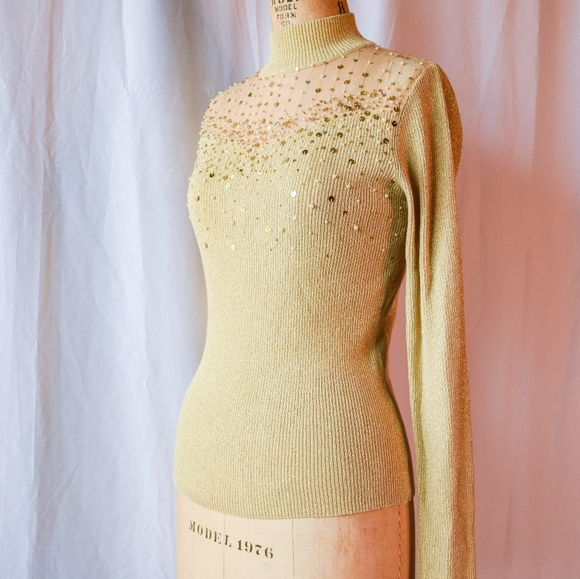 ⚡HP⚡Vintage 1970s Beaded + Sequined Turtleneck - Picture 2 of 5
